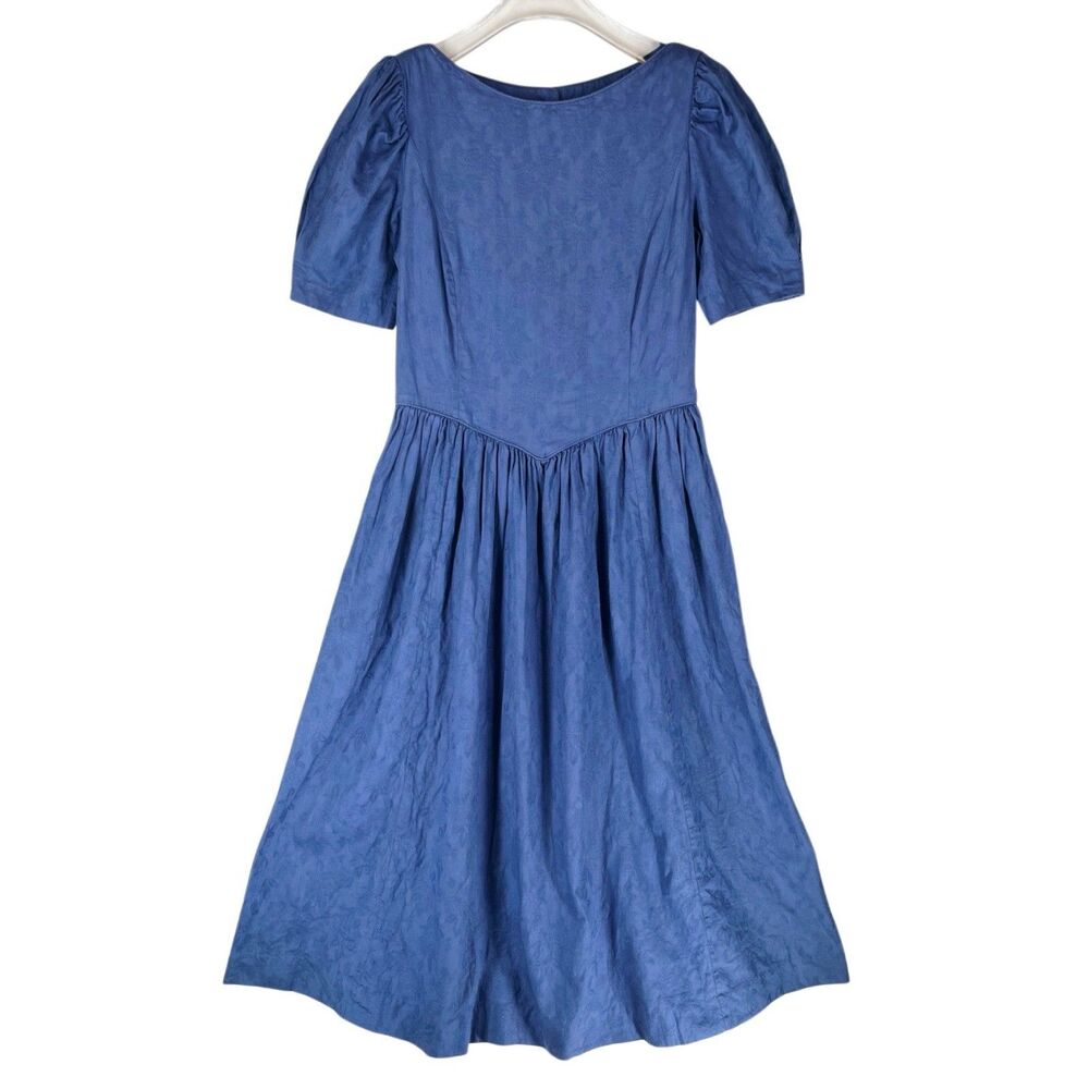Laura Ashley Dress Size 10 US Linen & Cotton Blue Jacquard Cottagecore Vintage